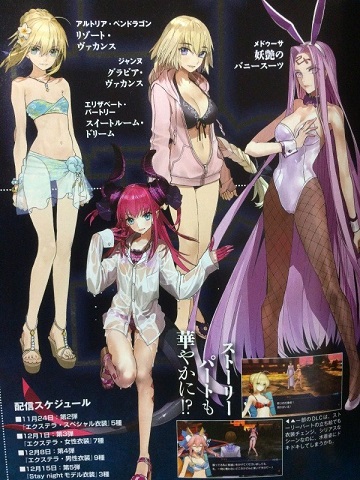 动作游戏《Fate/EXTELLA》服装DLC情报率先于杂志上释出，渡假泳装、兔女郎服装让你无法抗拒！