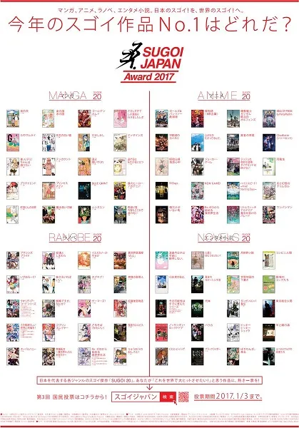 「SUGOI JAPAN Award 2017」展开正式公开投票活动, 快对您所喜欢的动漫画及轻小说作品投下神圣一票吧!