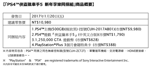 「PlayStation&#174;4 侠盗猎车手5 新年享乐同捆组」 建议零售价10,980元，1月20日(五) 限量推出！