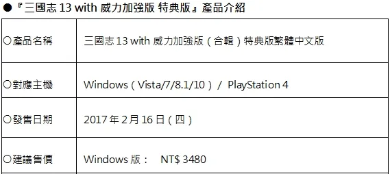 三国志13威力加强版首批限量门市特典DLC公布