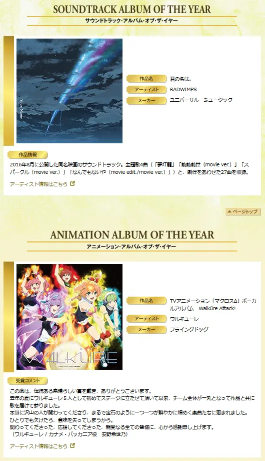 《你的名字》《女武神 Walküre Attack!》勇夺「2016日本金唱片」最佳配乐&最佳动画专辑!
