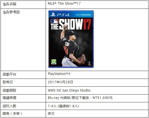 旅美大联盟好手「陈伟殷」五度登上台湾版封面!PS4专用游戏『MLB The Show 17』将于3月28日上市!