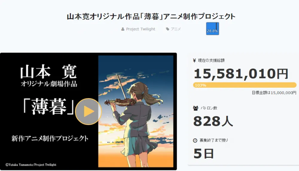 山本宽众筹动画电影「薄暮」完成目标