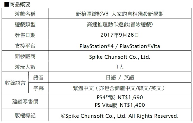 PS4、PS Vita游戏『新枪弹辩驳V3 大家的自相残杀新学期』确定于2017年9月26日发售繁体中文版！