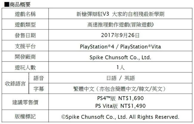 PS4、PS Vita游戏『新枪弹辩驳V3 大家的自相残杀新学期』确定于2017年9月26日发售繁体中文版!