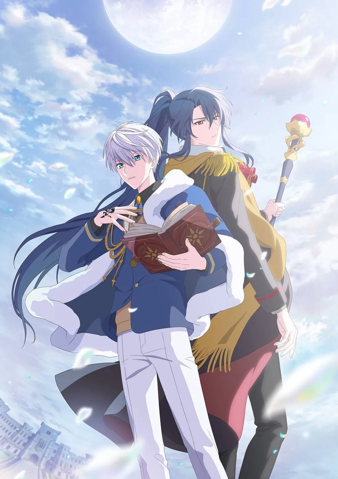 即将上映的《魔法师的约定》电视动画的预告片,主角是一对英俊的年轻魔法师亚瑟和奥兹,他们背对背摆姿势,而“大灾难”——一轮放大的满月——在天空中若隐若现。远处隐约可见一座城堡。亚瑟挥舞着一本魔法书,而奥兹挥舞着一根顶部有一颗红宝石球的魔法杖。